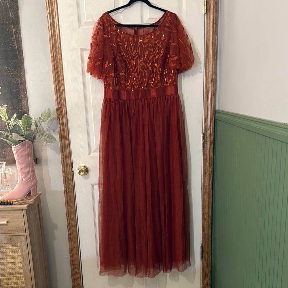 Elegant Rust Red Gown with Sheer Sleeves Bridesmaid Dress